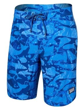 NWT SAXX Mens Voyagers 2 In 1 Board Shorts Blue Whales Swim Trunks liner Size 28